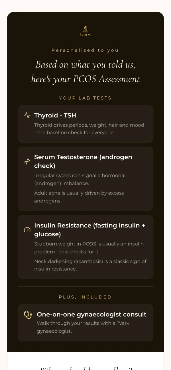 Tvarvi app: booking a PCOS Assessment with three personalised lab tests and the price