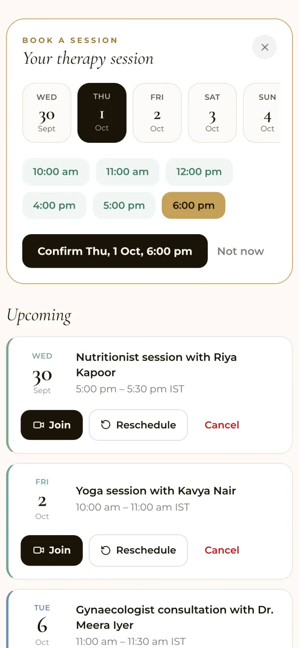Tvarvi app: picking a time for a counselling session