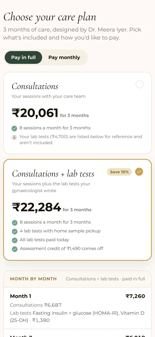 Tvarvi app: choosing a care plan written by the gynaecologist, with prices