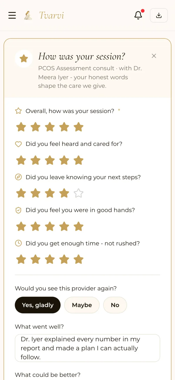 Tvarvi app: feedback form after a session
