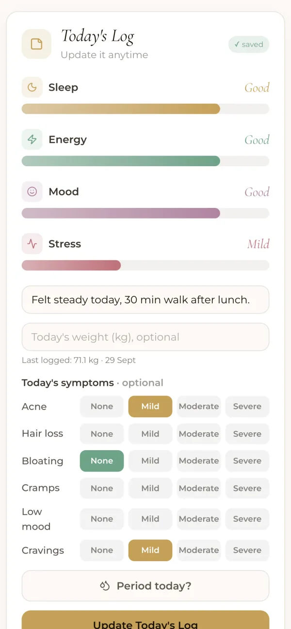 Tvarvi app: today's check-in for sleep, energy, mood and stress