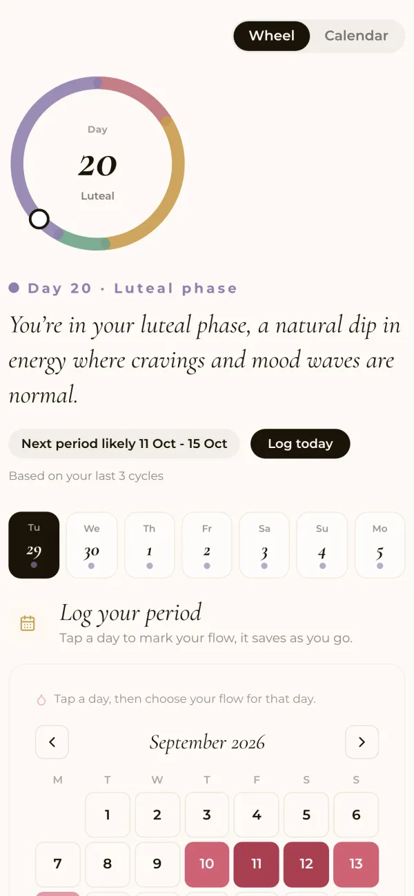 Tvarvi app: cycle wheel on day 20 of the luteal phase with a period calendar