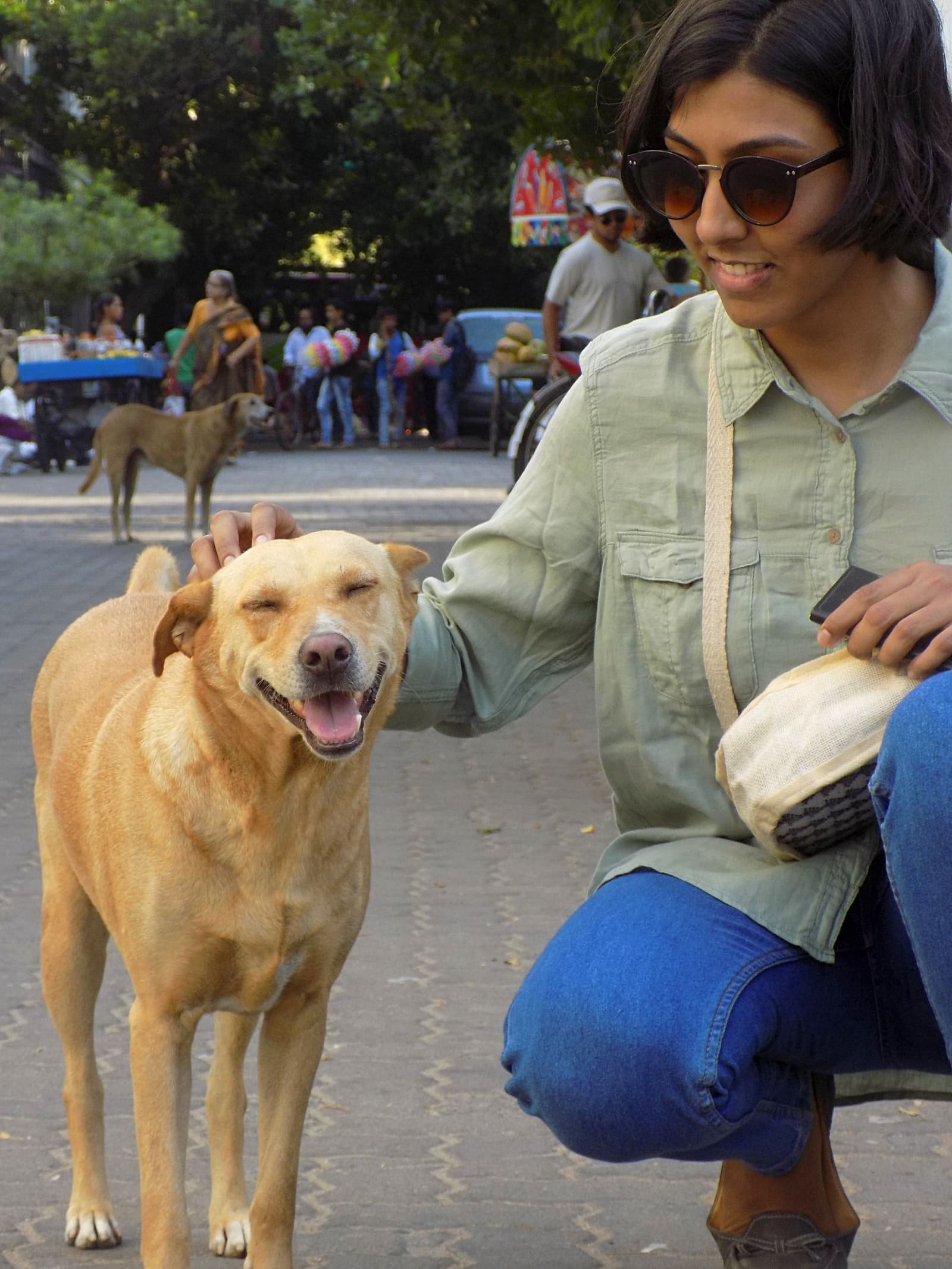 A woman crouching to pet a happy street dog