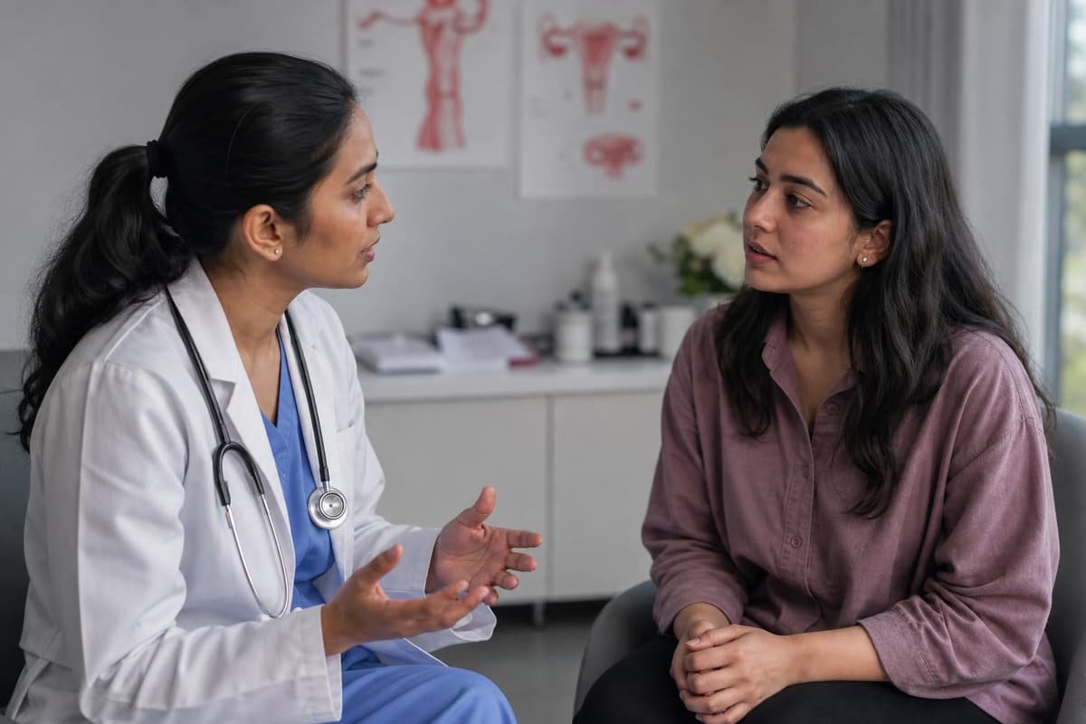A gynaecologist talks a woman through her symptoms in a clinic