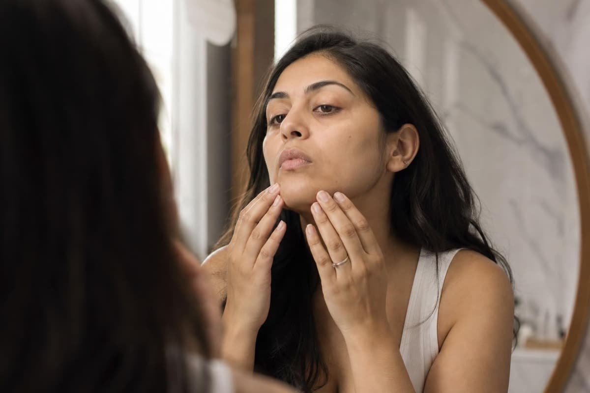 A woman checks the skin along her chin in a mirror