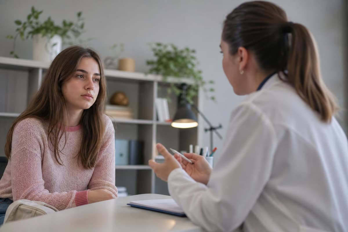 A young woman listens as a doctor explains her results