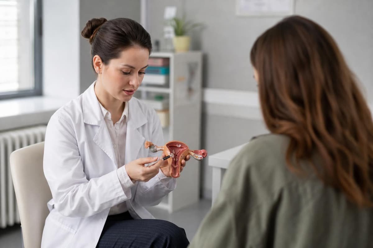 A gynaecologist uses a model of the uterus to explain fertility to a woman