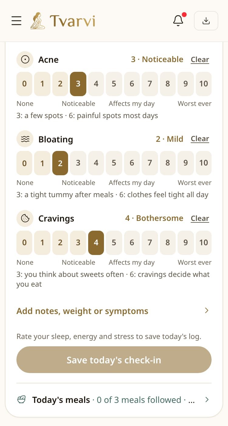 Tvarvi app on a phone: rating acne, bloating and cravings on a scale from 0 to 10