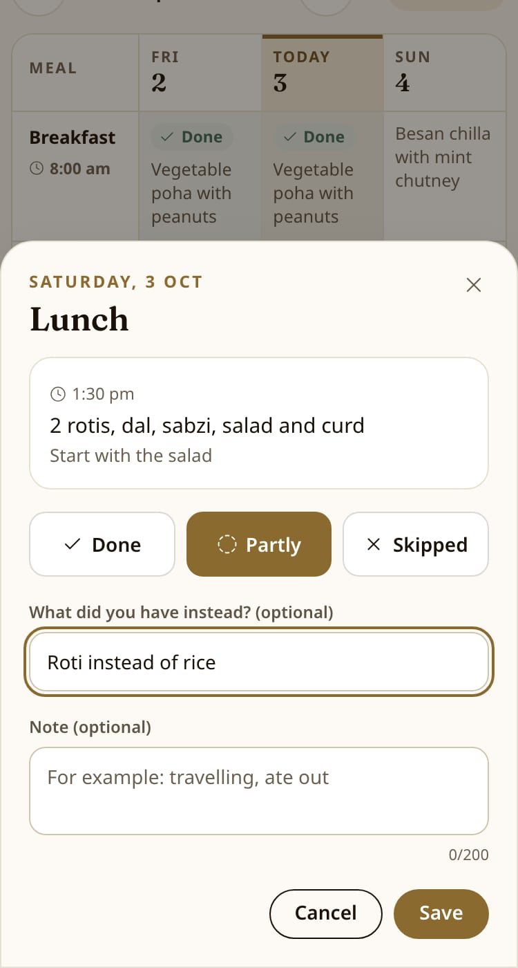Tvarvi app on a phone: marking lunch as Partly, with a note of what was eaten instead